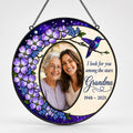 Personalized photo memorial suncatcher with purple flowers and hummingbird 06
