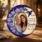Personalized photo memorial suncatcher with purple flowers and hummingbird 07