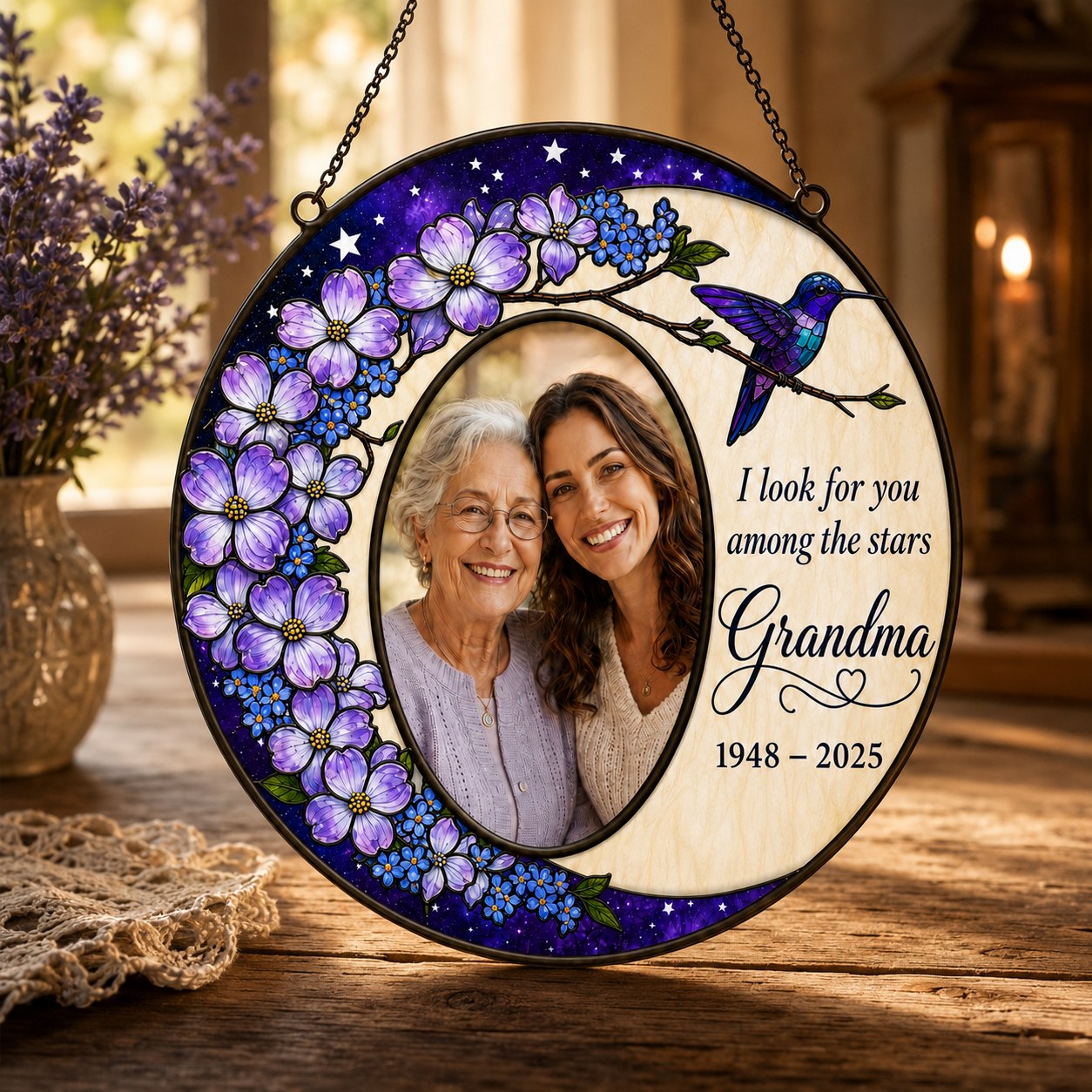Personalized photo memorial suncatcher with purple flowers and hummingbird 07