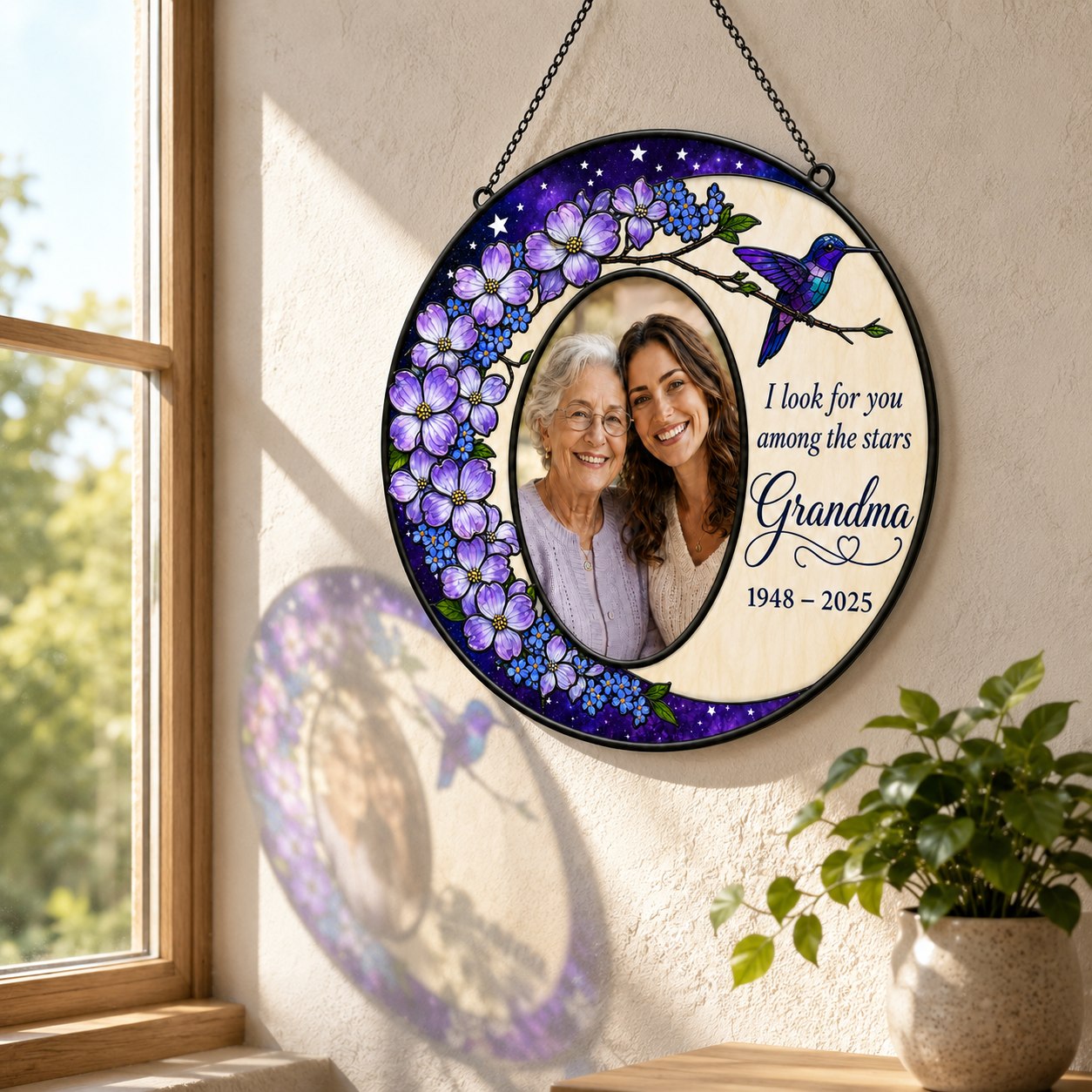 Personalized photo memorial suncatcher with purple flowers and hummingbird 08