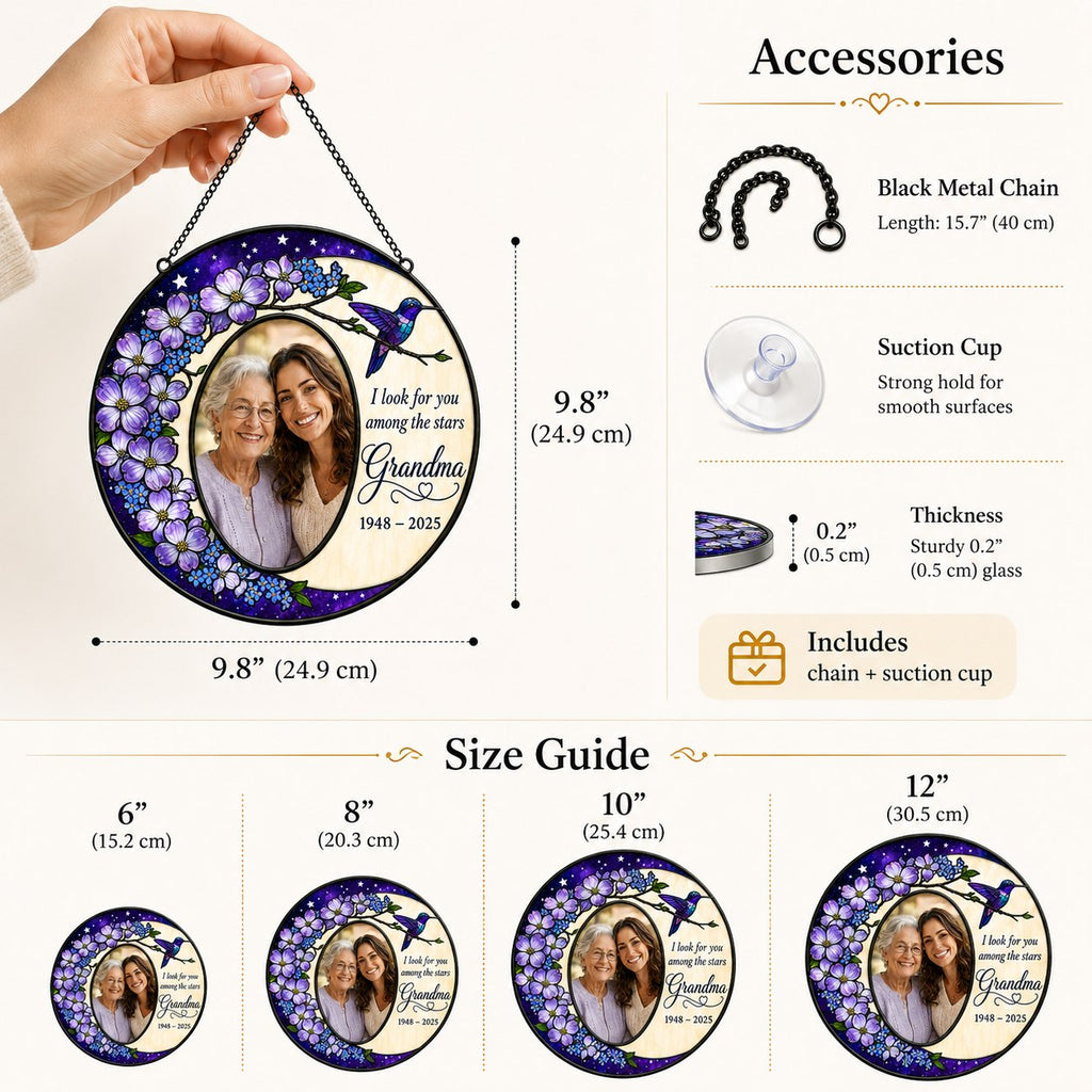 Personalized photo memorial suncatcher with purple flowers and hummingbird 09