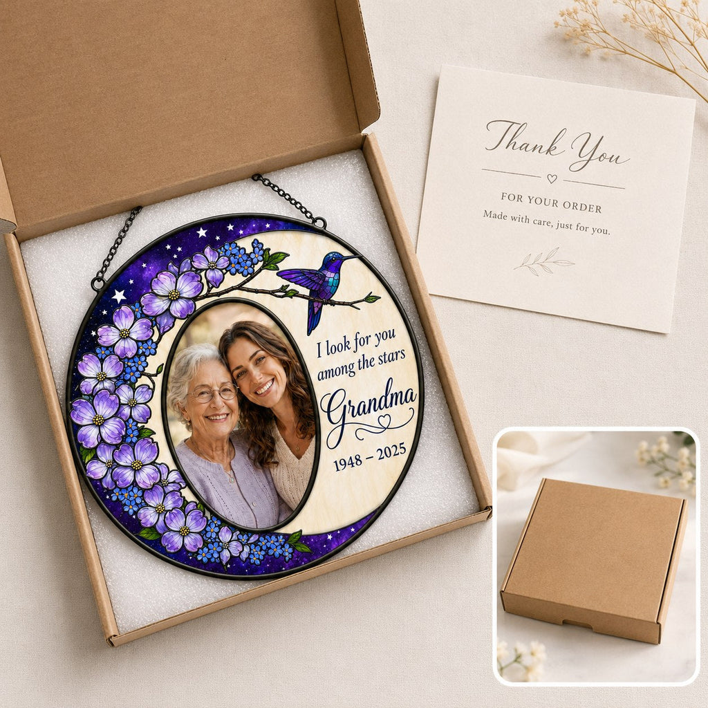 Personalized photo memorial suncatcher with purple flowers and hummingbird 10