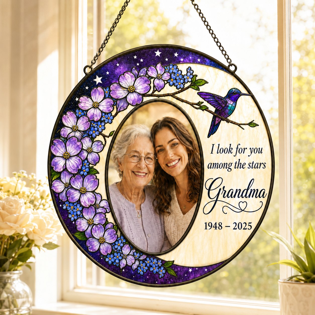 Personalized photo memorial suncatcher with purple flowers and hummingbird 11
