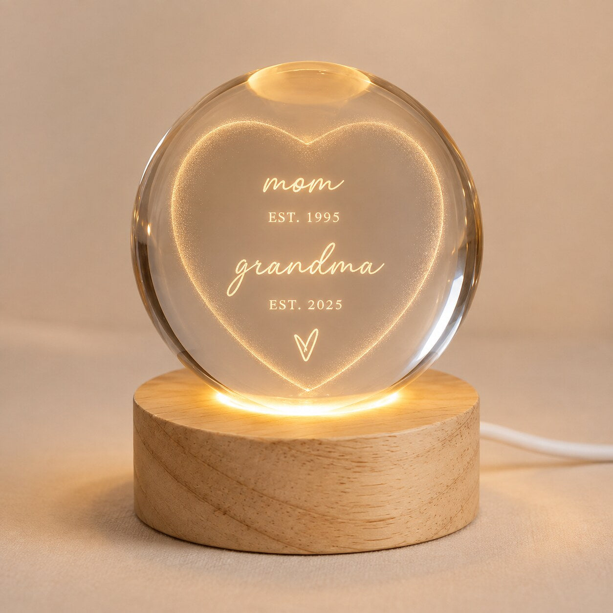 Personalized Mom & Grandma Est Heart Crystal Ball Night Light