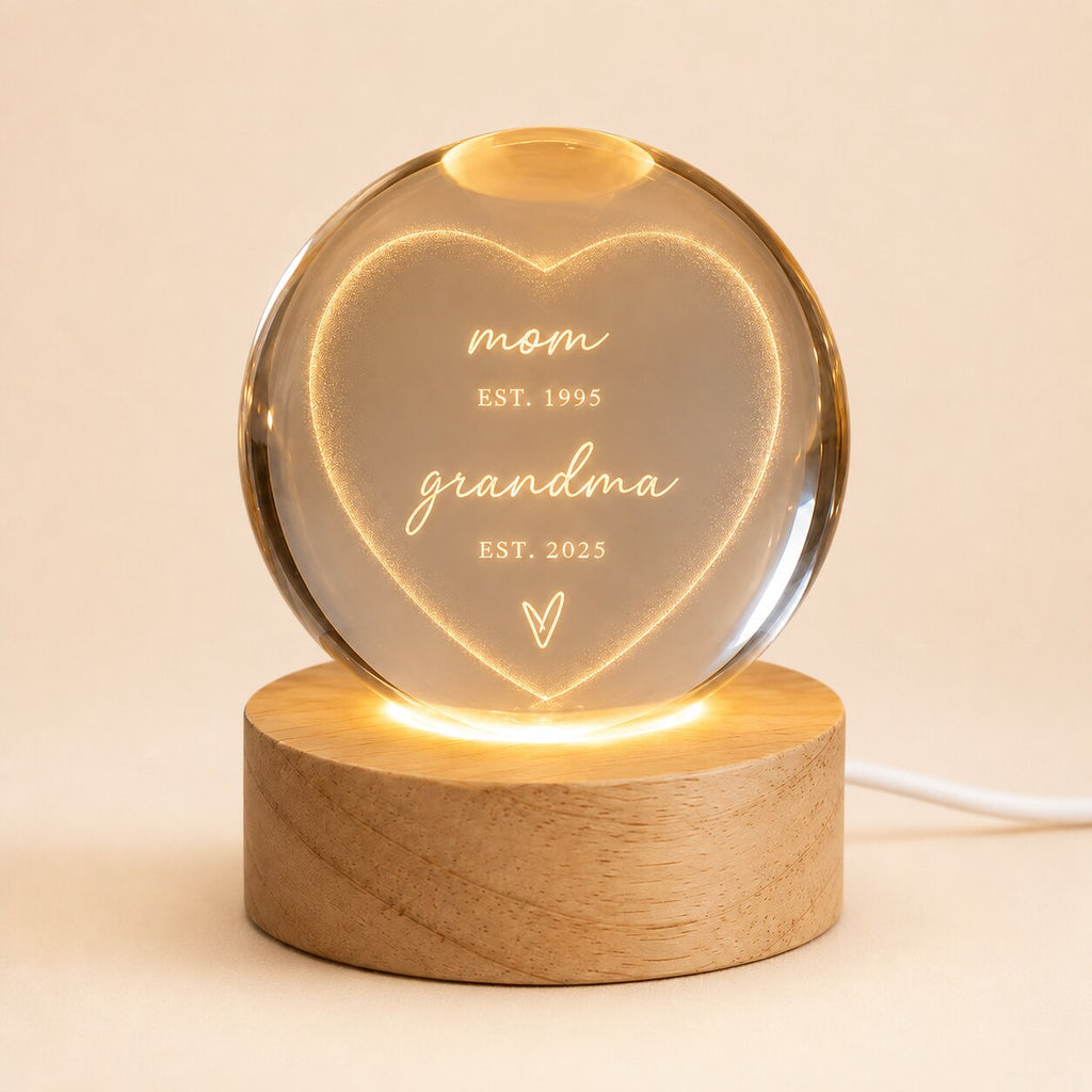 Personalized Mom & Grandma Est Heart Crystal Ball Night Light