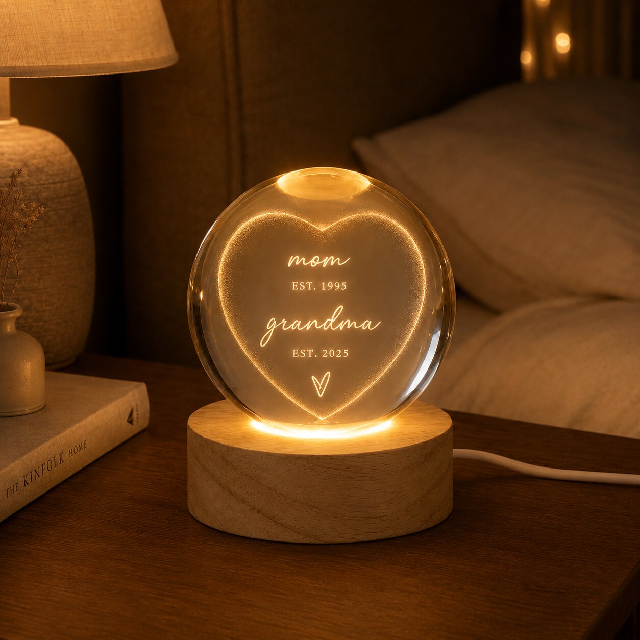 Personalized Mom & Grandma Est Heart Crystal Ball Night Light