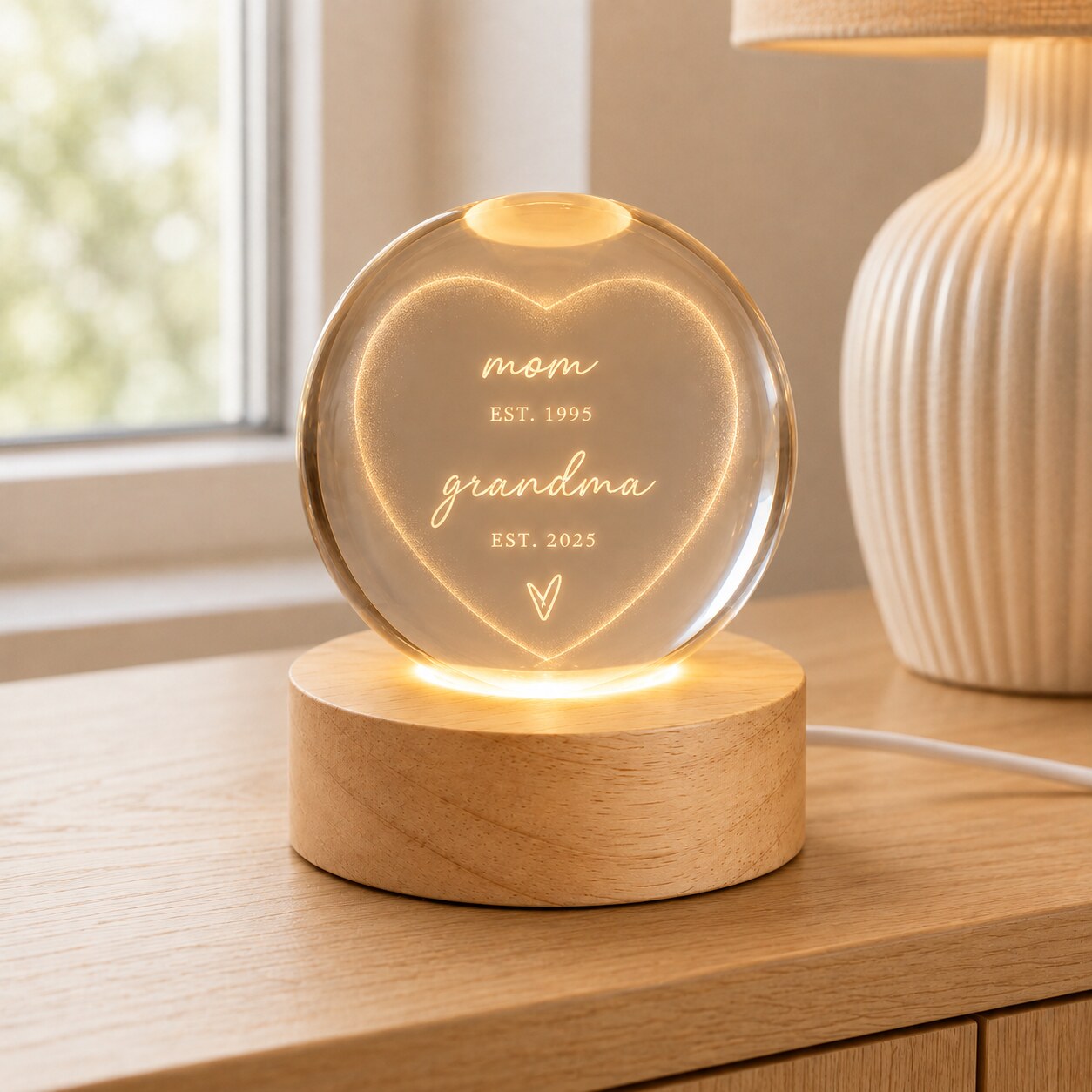 Personalized Mom & Grandma Est Heart Crystal Ball Night Light