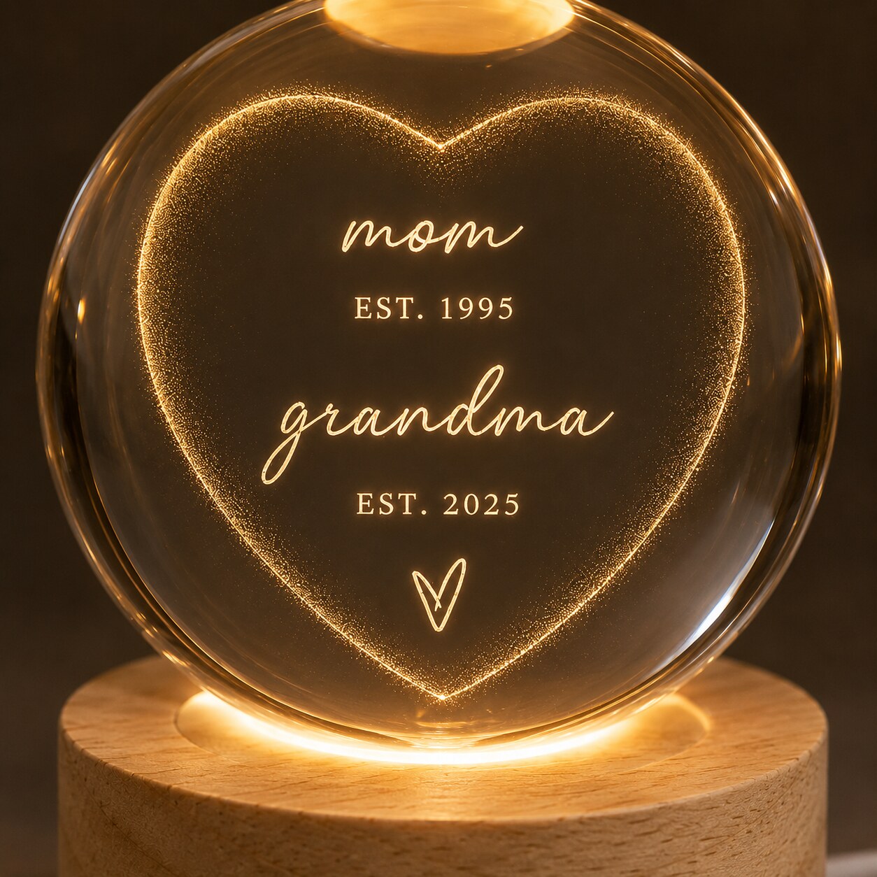 Personalized Mom & Grandma Est Heart Crystal Ball Night Light