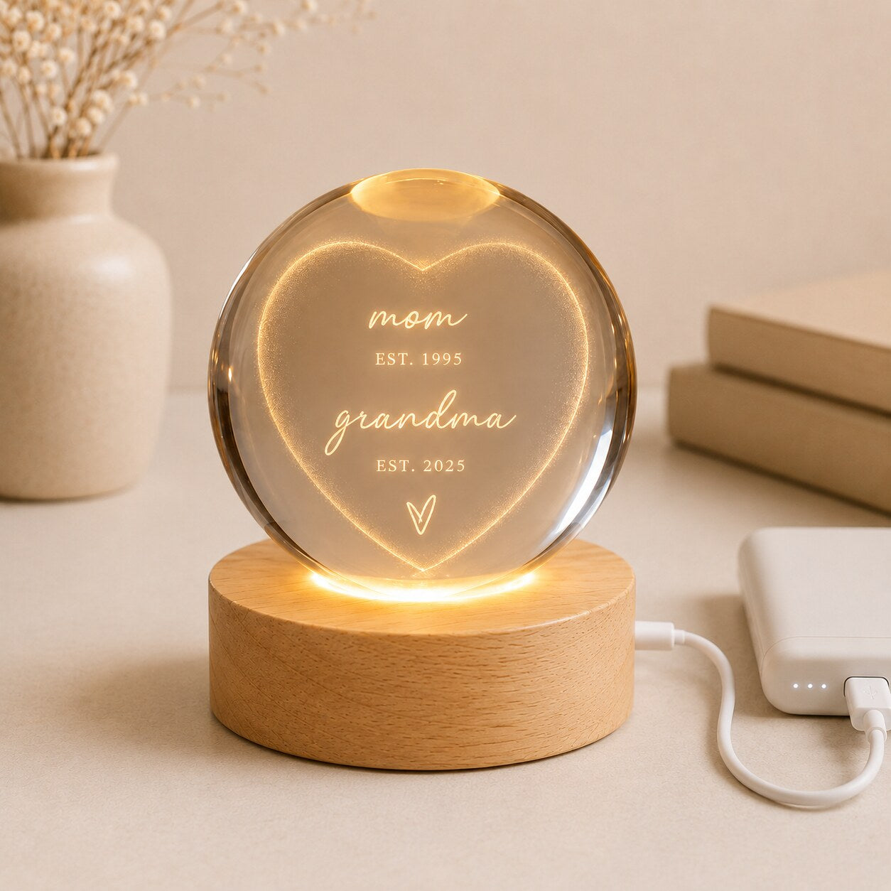 Personalized Mom & Grandma Est Heart Crystal Ball Night Light