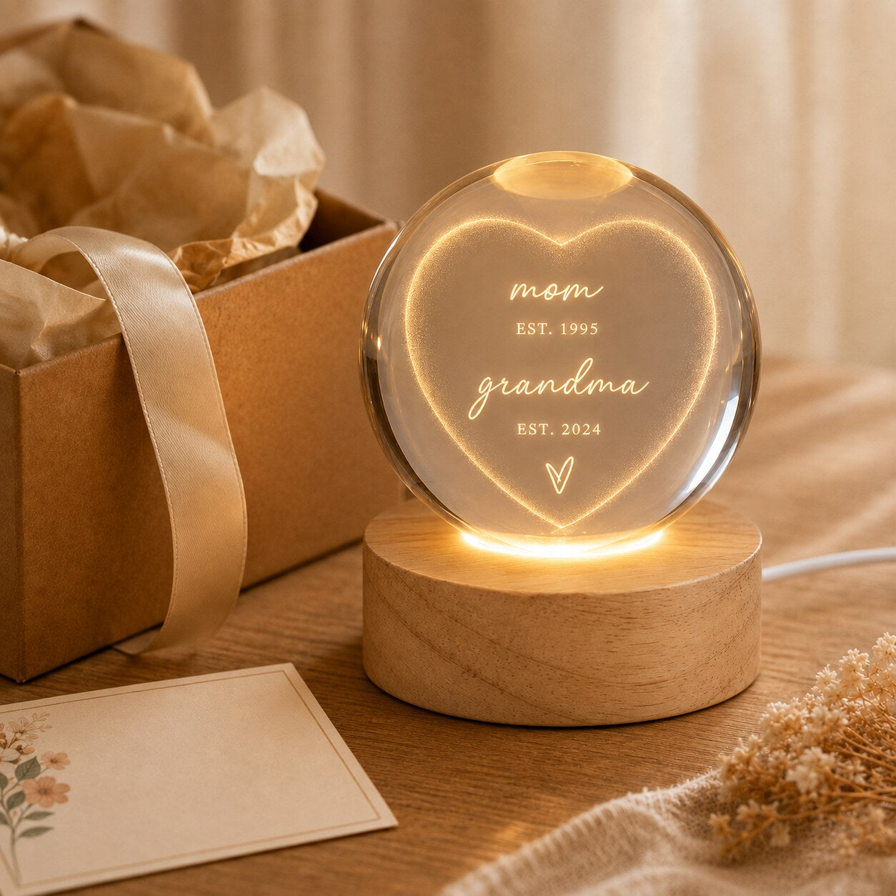 Personalized Mom & Grandma Est Heart Crystal Ball Night Light