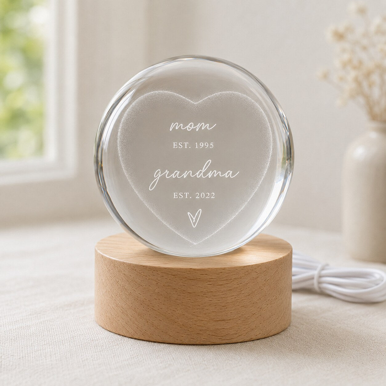 Personalized Mom & Grandma Est Heart Crystal Ball Night Light