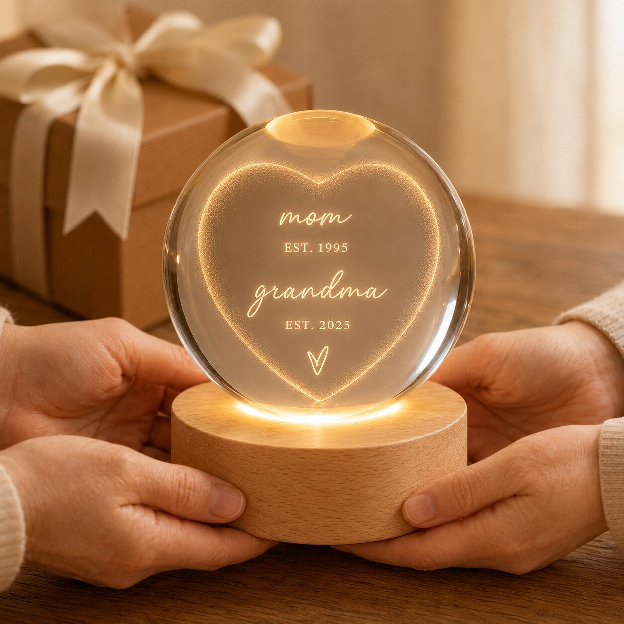 Personalized Mom & Grandma Est Heart Crystal Ball Night Light