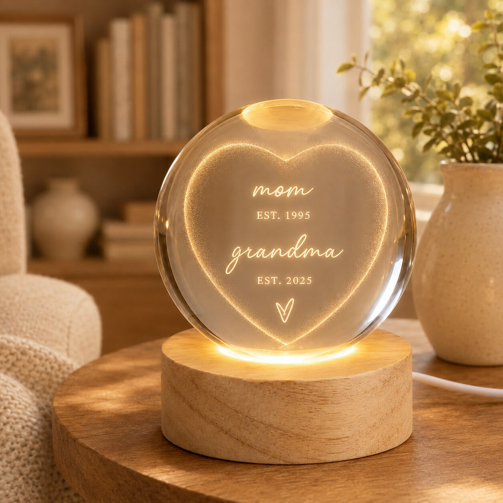 Personalized Mom & Grandma Est Heart Crystal Ball Night Light