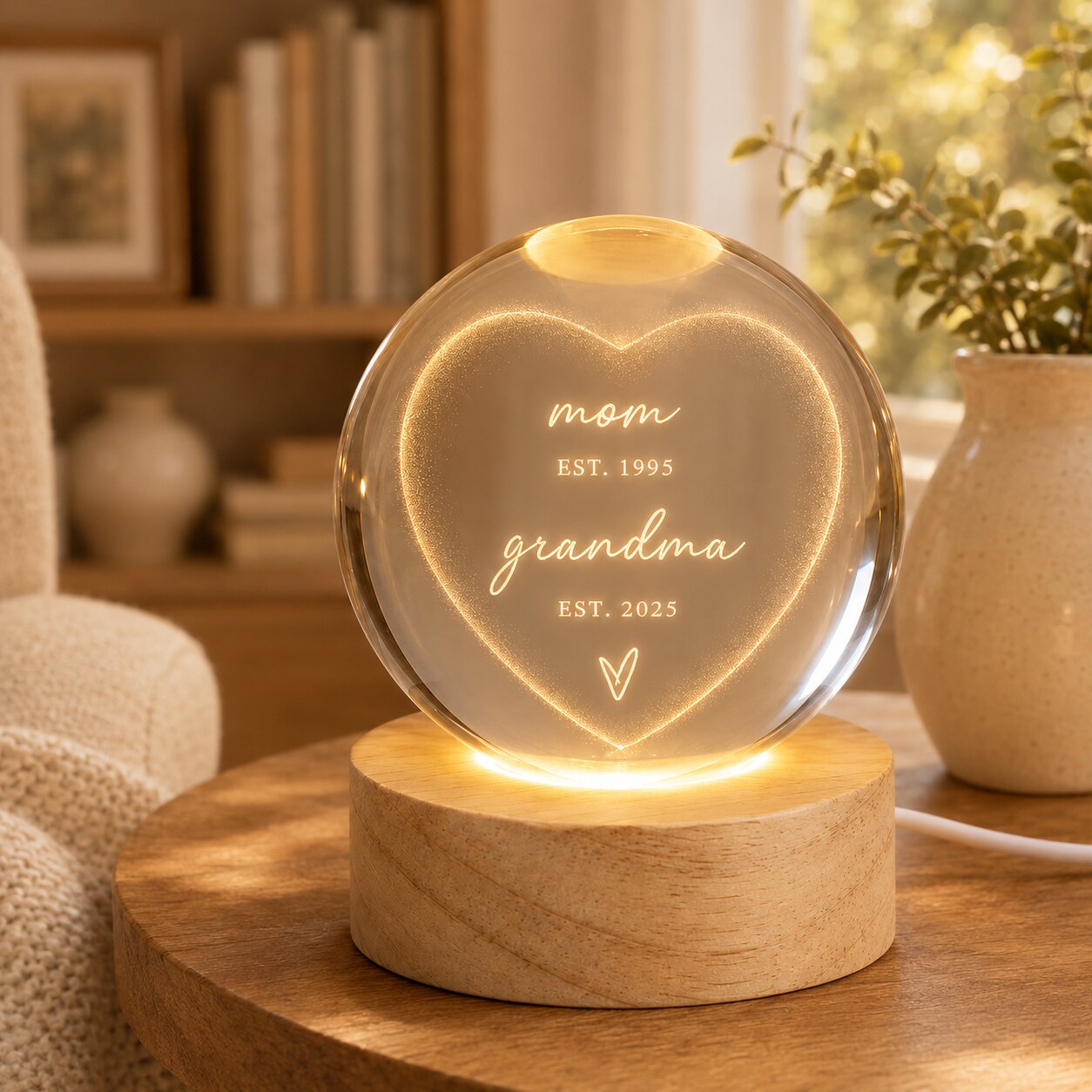Personalized Mom & Grandma Est Heart Crystal Ball Night Light