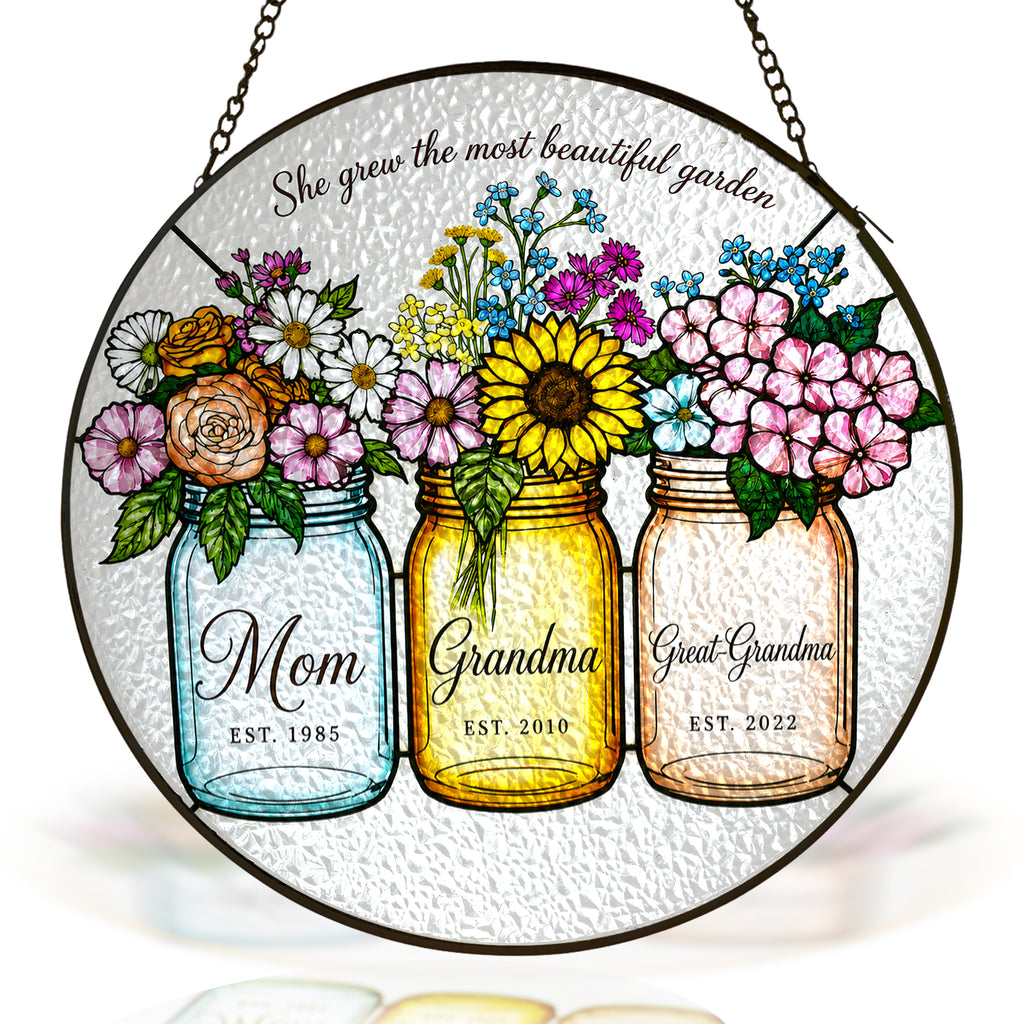 Personalized Mom Grandma Great-Grandma Flower Jars Suncatcher on a white background