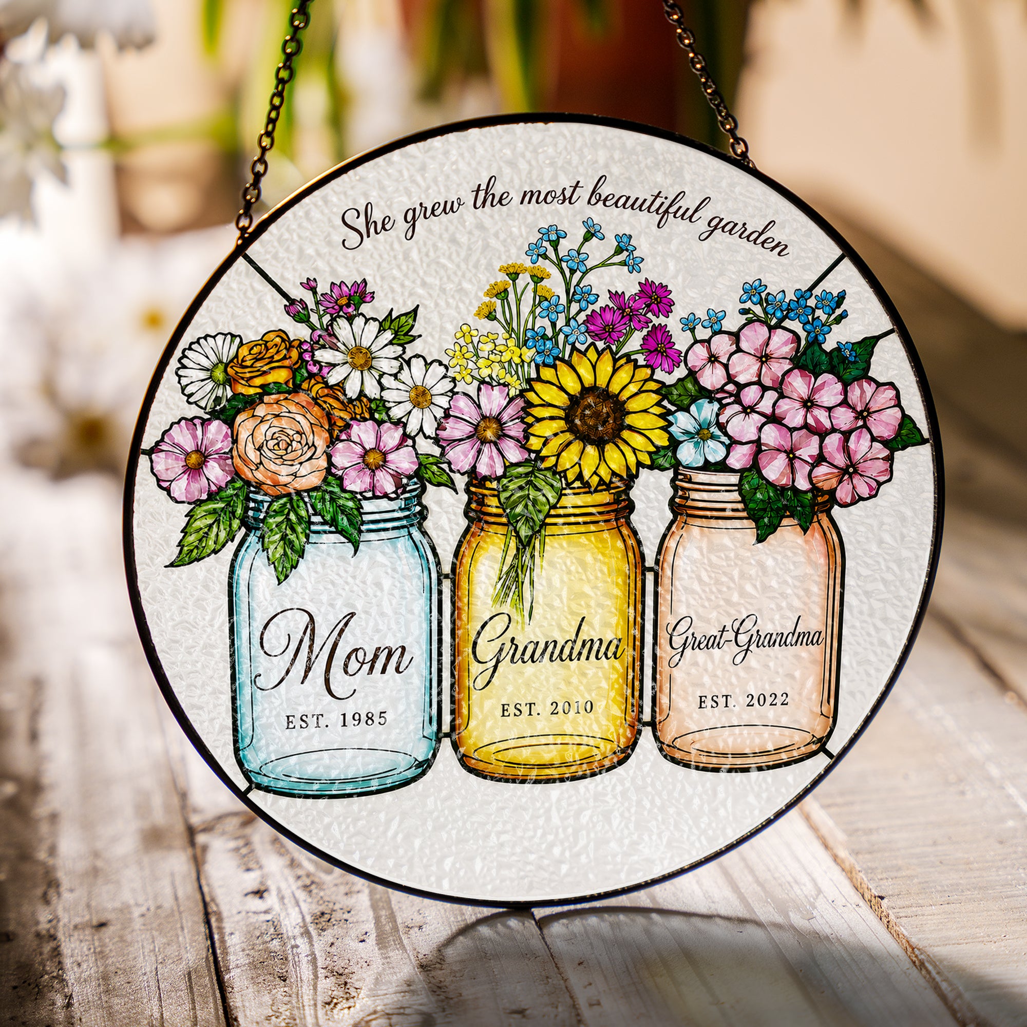 Personalized Mom Grandma Great-Grandma Flower Jars Suncatcher - image 2