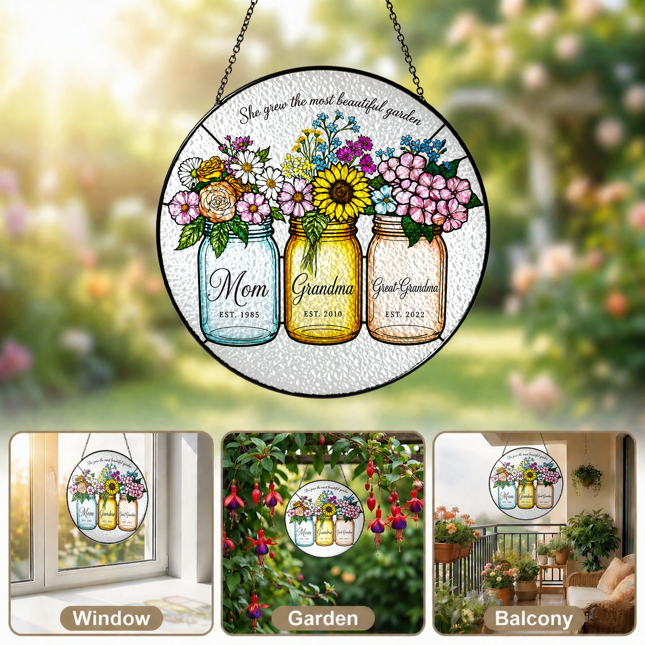 Personalized Mom Grandma Great-Grandma Flower Jars Suncatcher - image 6