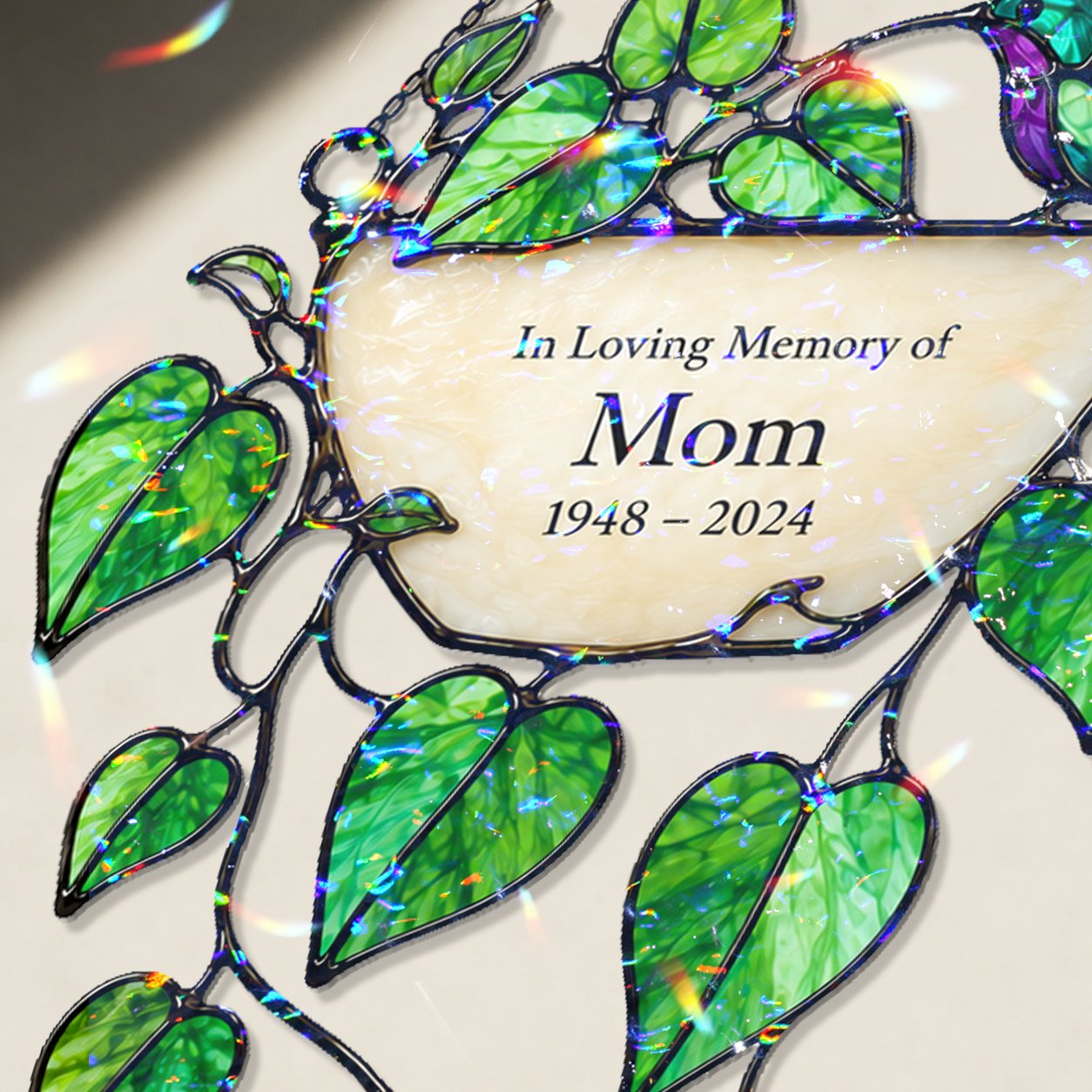 Personalized mom memorial greenery holographic suncatcher in a window
