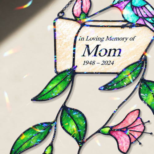 Personalized mom memorial hummingbird holographic suncatcher in a window