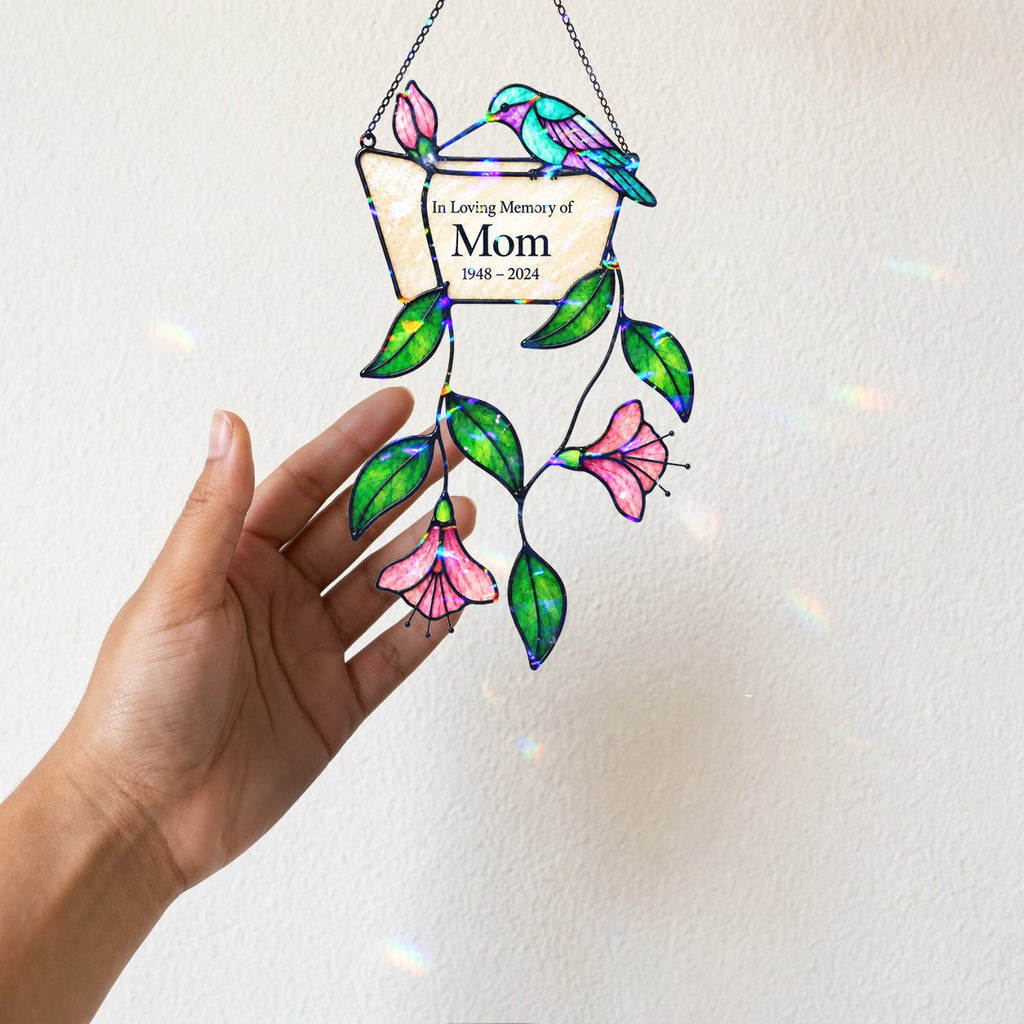Personalized mom memorial hummingbird holographic suncatcher detail