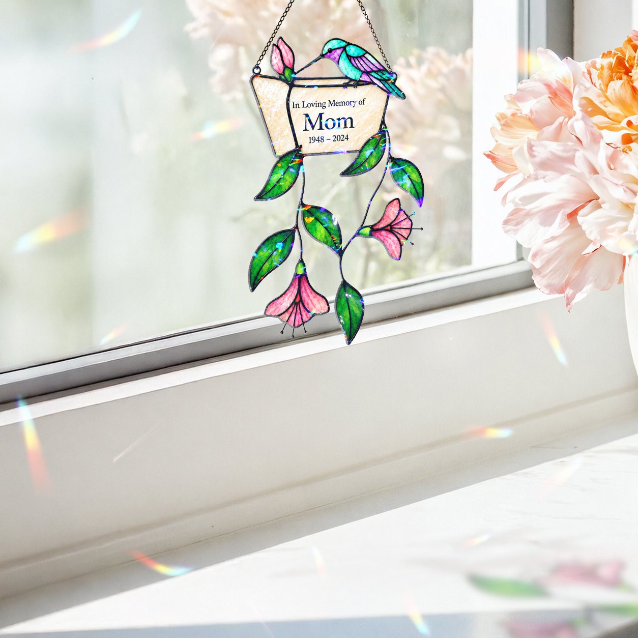 Personalized mom memorial hummingbird holographic suncatcher