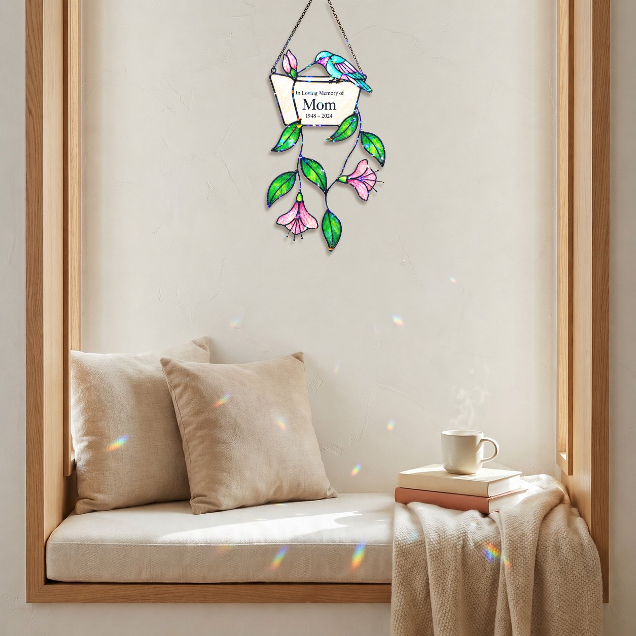 Personalized mom memorial hummingbird holographic suncatcher
