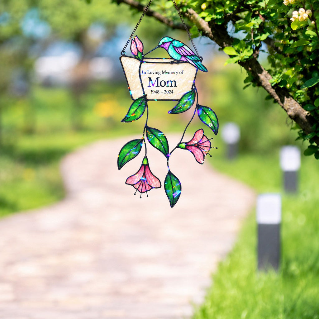 Personalized mom memorial hummingbird holographic suncatcher