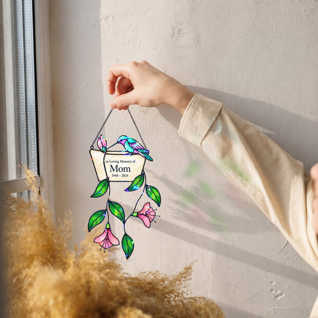 Personalized mom memorial hummingbird holographic suncatcher