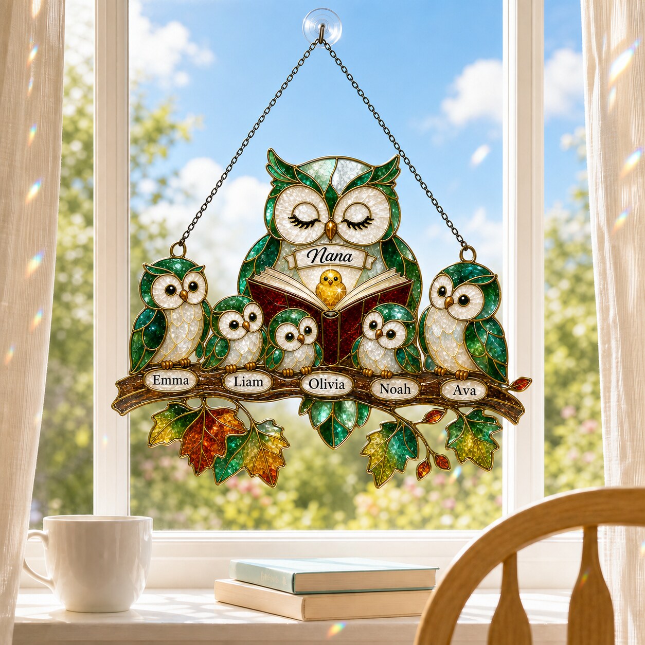 Personalized Nana Owl Family Holographic Acrylic Suncatcher