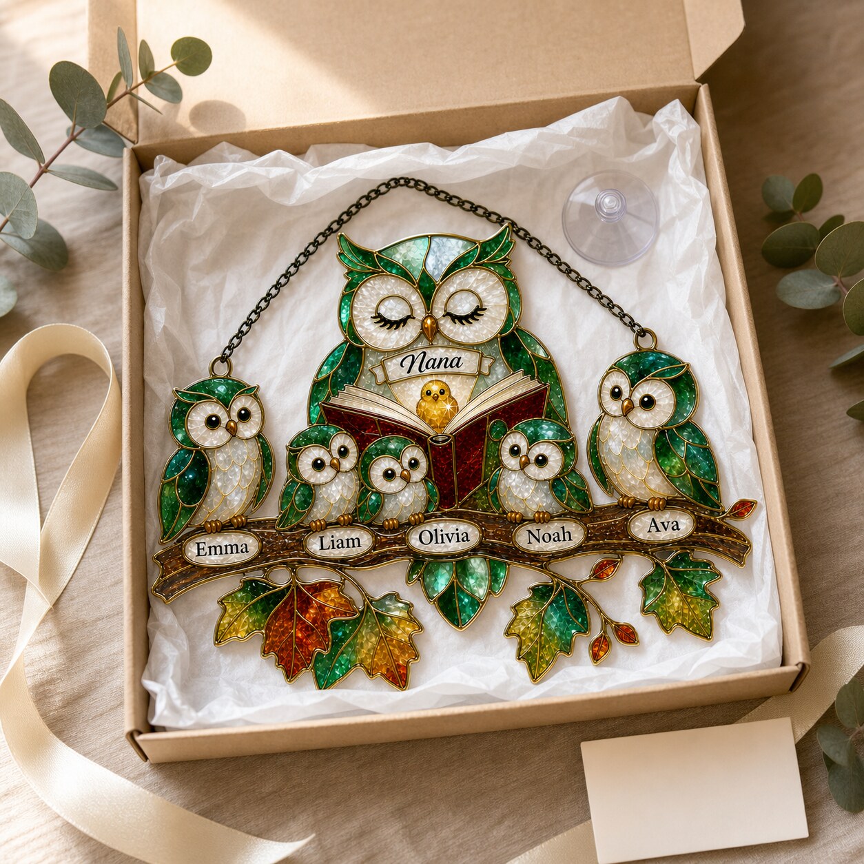 Personalized Nana Owl Family Holographic Acrylic Suncatcher