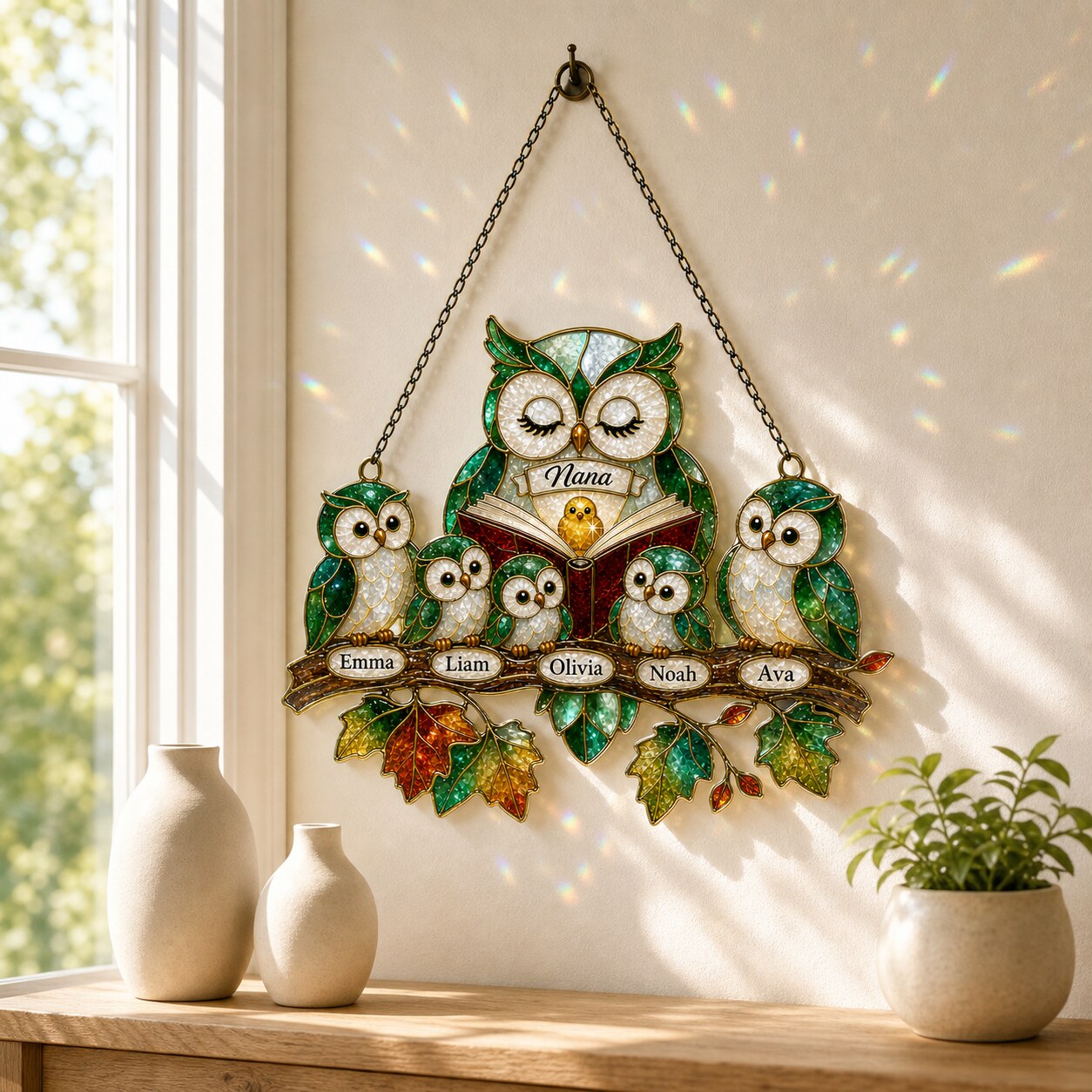 Personalized Nana Owl Family Holographic Acrylic Suncatcher