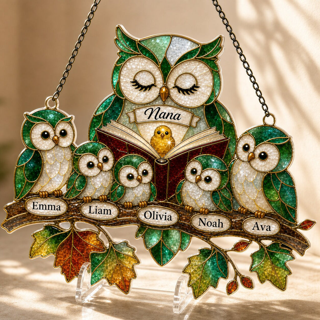 Personalized Nana Owl Family Holographic Acrylic Suncatcher