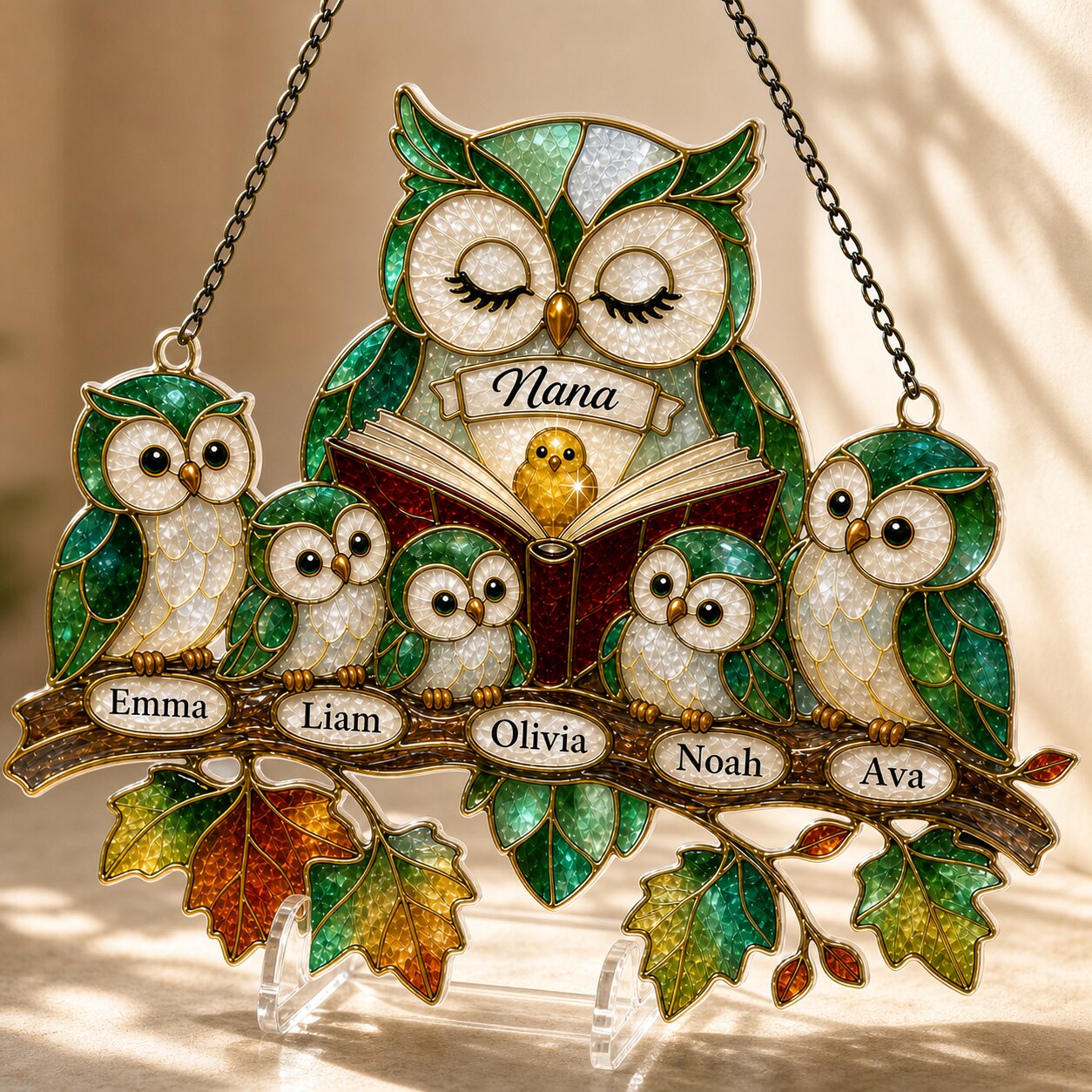 Personalized Nana Owl Family Holographic Acrylic Suncatcher
