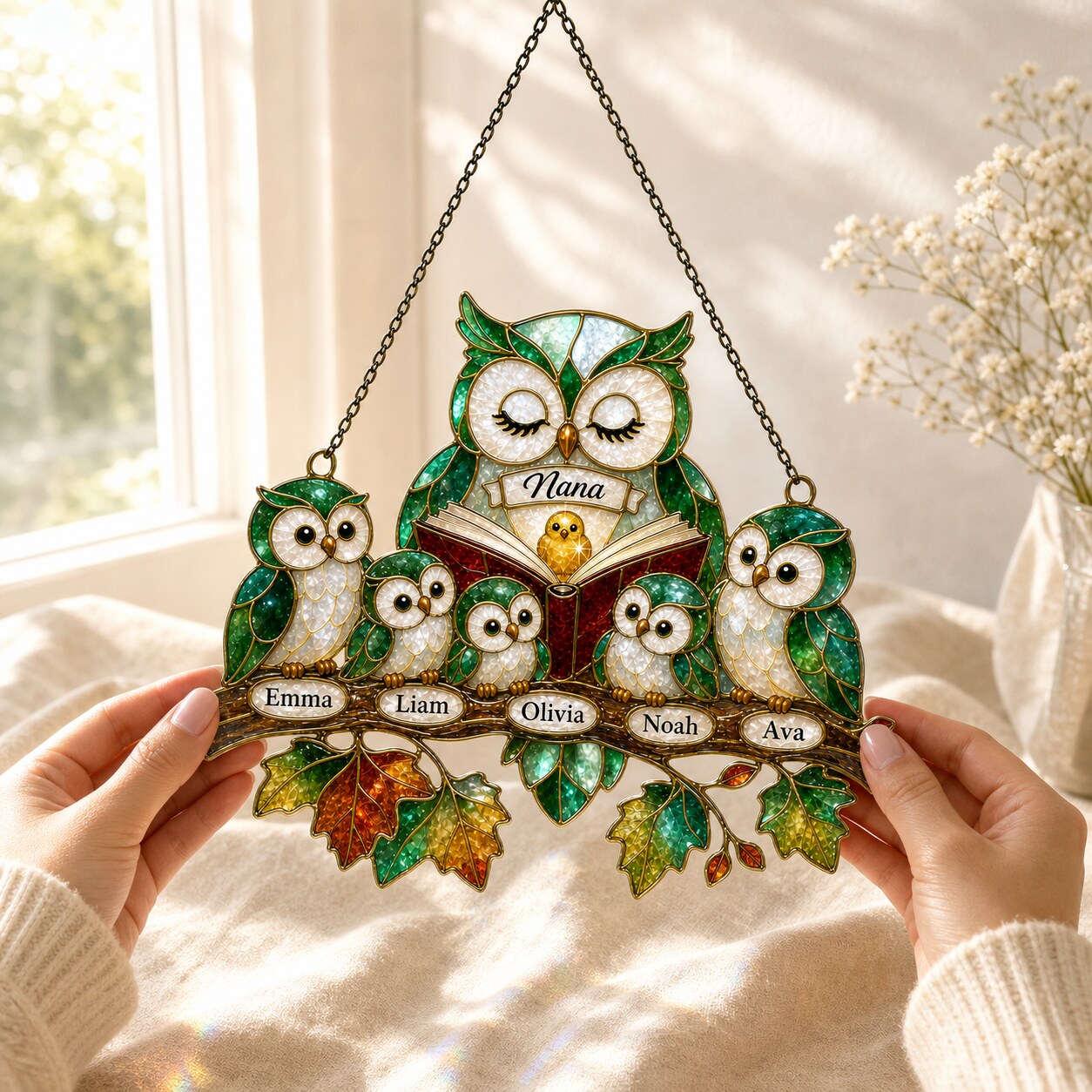 Personalized Nana Owl Family Holographic Acrylic Suncatcher
