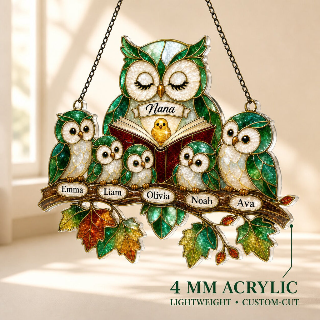 Personalized Nana Owl Family Holographic Acrylic Suncatcher