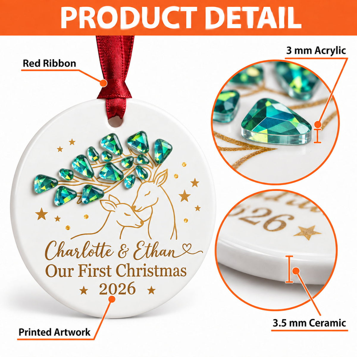 Personalized Our First Christmas Deer Couple with Gem Branch Ceramic Ornament