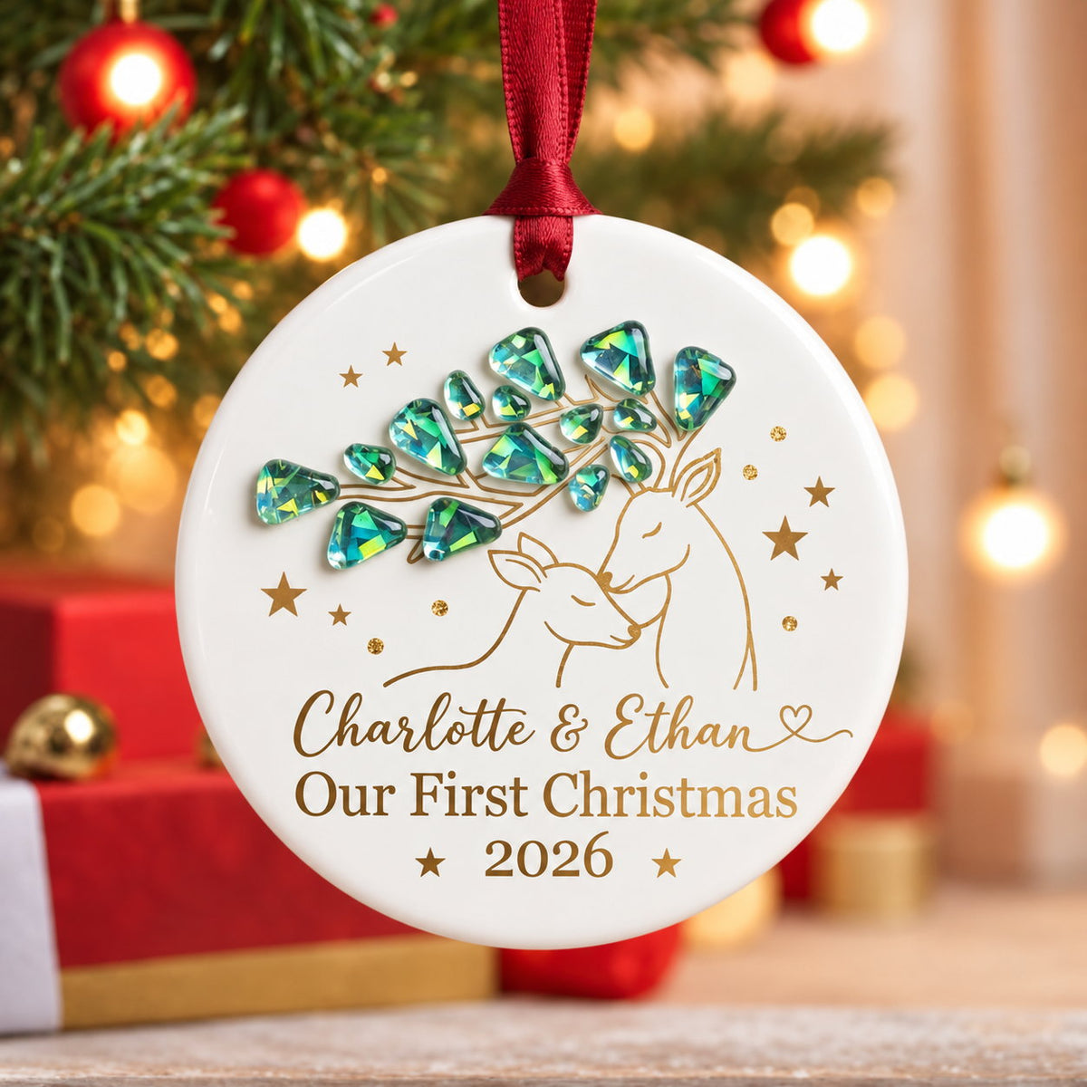 Personalized Our First Christmas Deer Couple with Gem Branch Ceramic Ornament