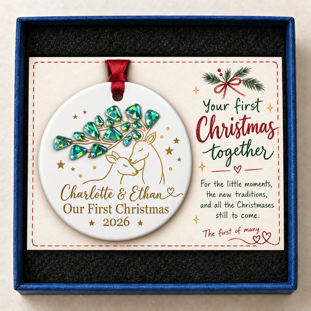Personalized Our First Christmas Deer Couple with Gem Branch Ceramic Ornament