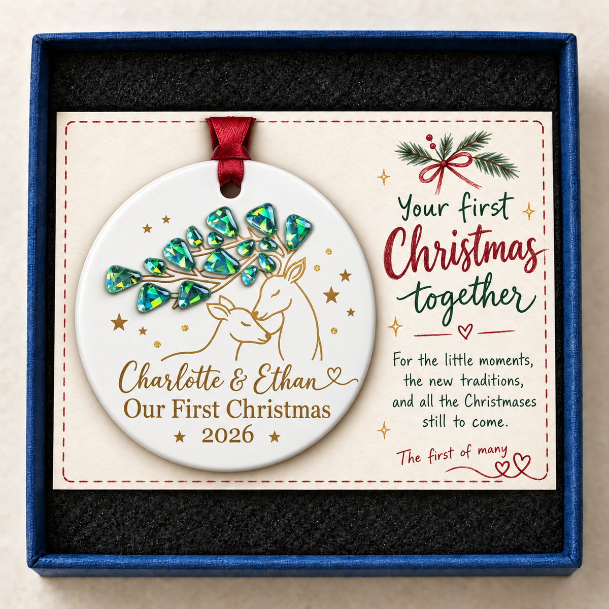 Personalized Our First Christmas Deer Couple with Gem Branch Ceramic Ornament