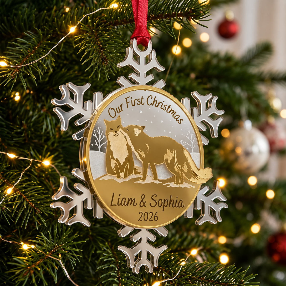 Personalized Our First Christmas Fox Couple Snowflake Mirror Acrylic Ornament