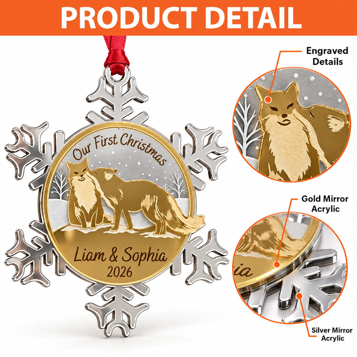 Personalized Our First Christmas Fox Couple Snowflake Mirror Acrylic Ornament