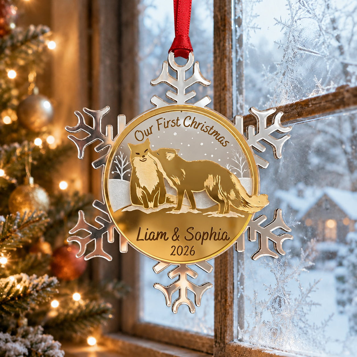 Personalized Our First Christmas Fox Couple Snowflake Mirror Acrylic Ornament