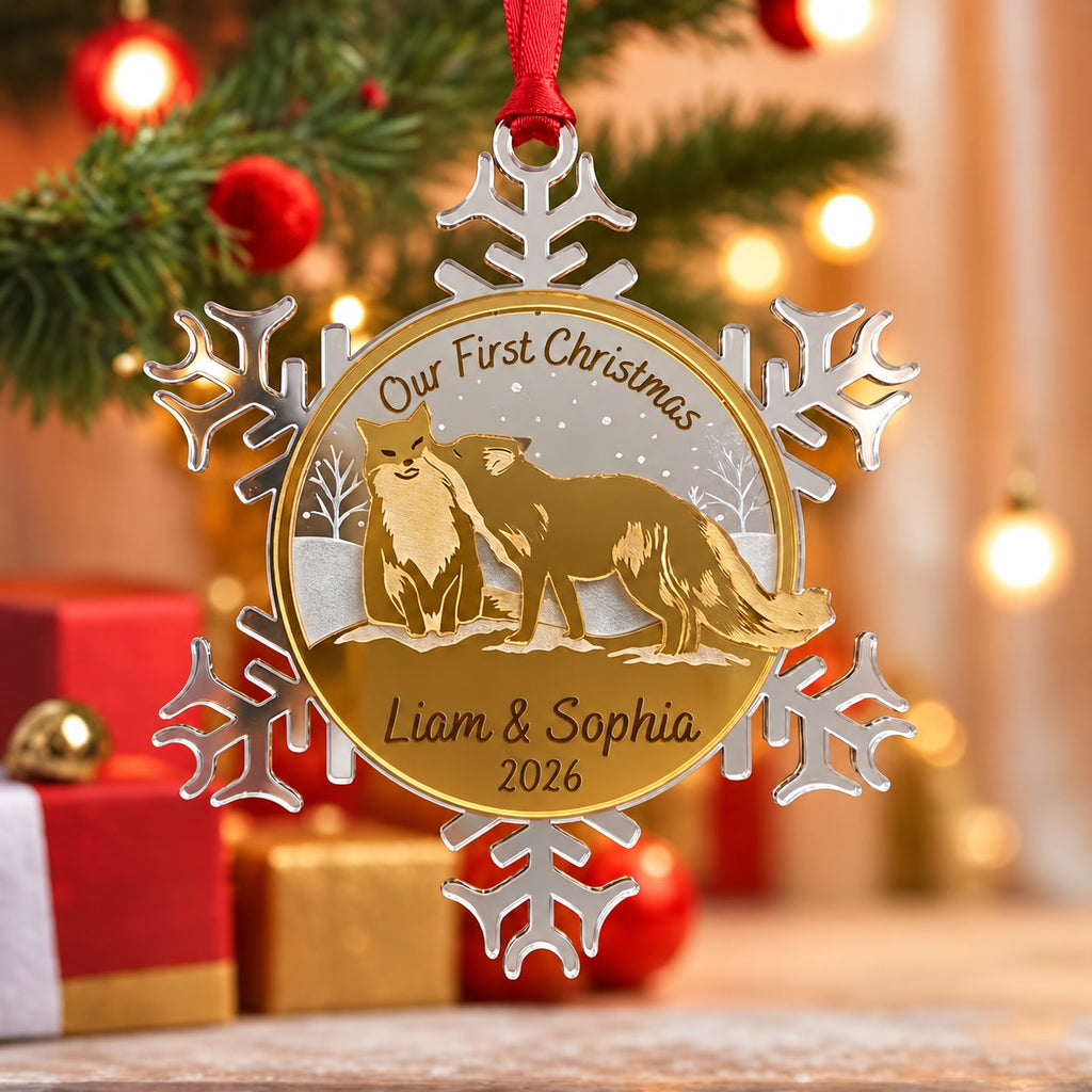 Personalized Our First Christmas Fox Couple Snowflake Mirror Acrylic Ornament