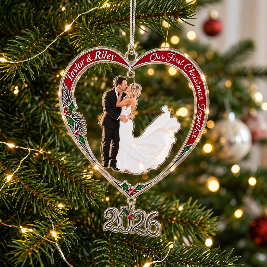 Personalized Our First Christmas Married Wedding Couple Heart Acrylic Ornament