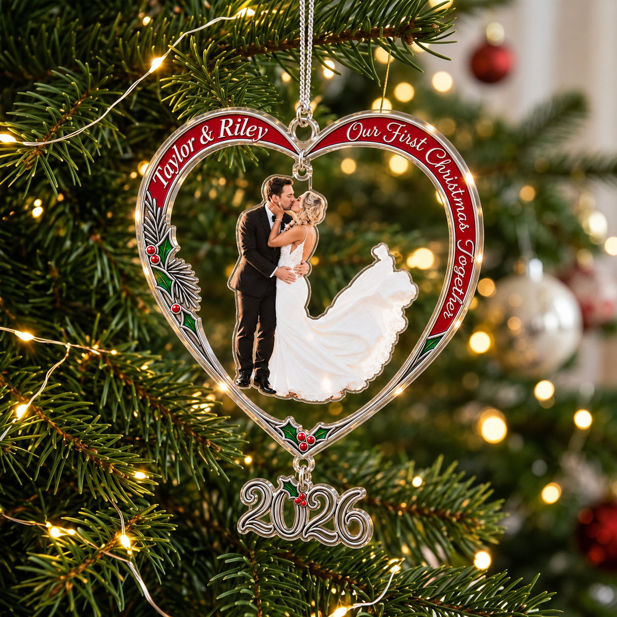 Personalized Our First Christmas Married Wedding Couple Heart Acrylic Ornament