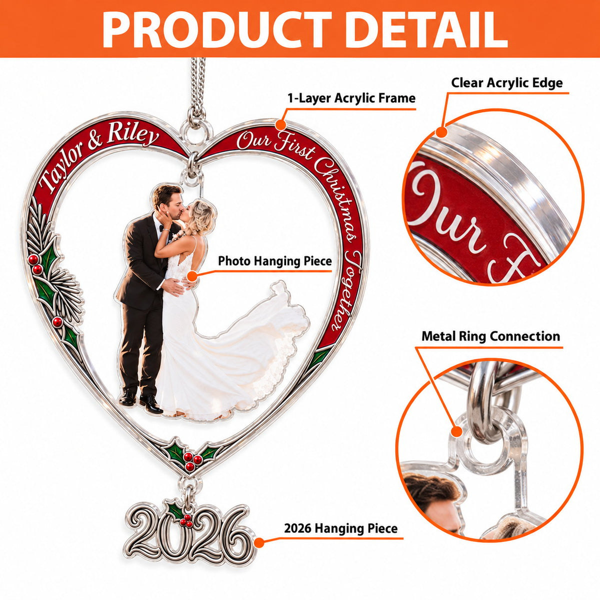 Personalized Our First Christmas Married Wedding Couple Heart Acrylic Ornament