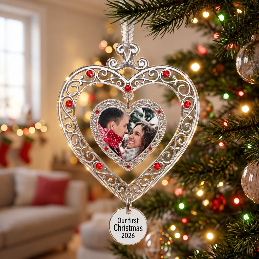 Personalized Our First Christmas Photo Heart Acrylic Ornament