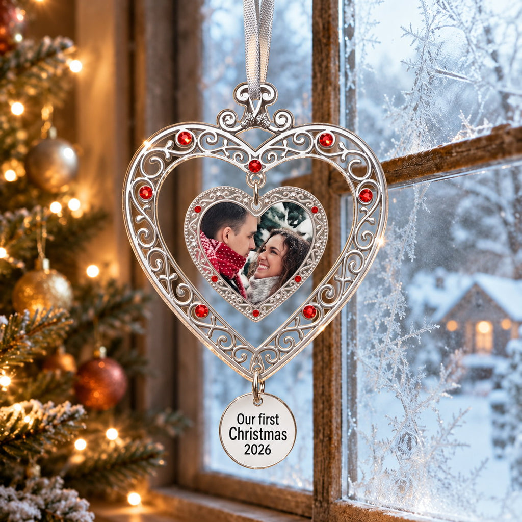Personalized Our First Christmas Photo Heart Acrylic Ornament