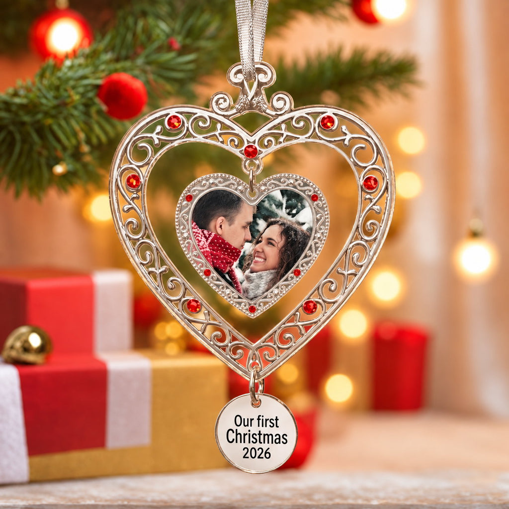 Personalized Our First Christmas Photo Heart Acrylic Ornament