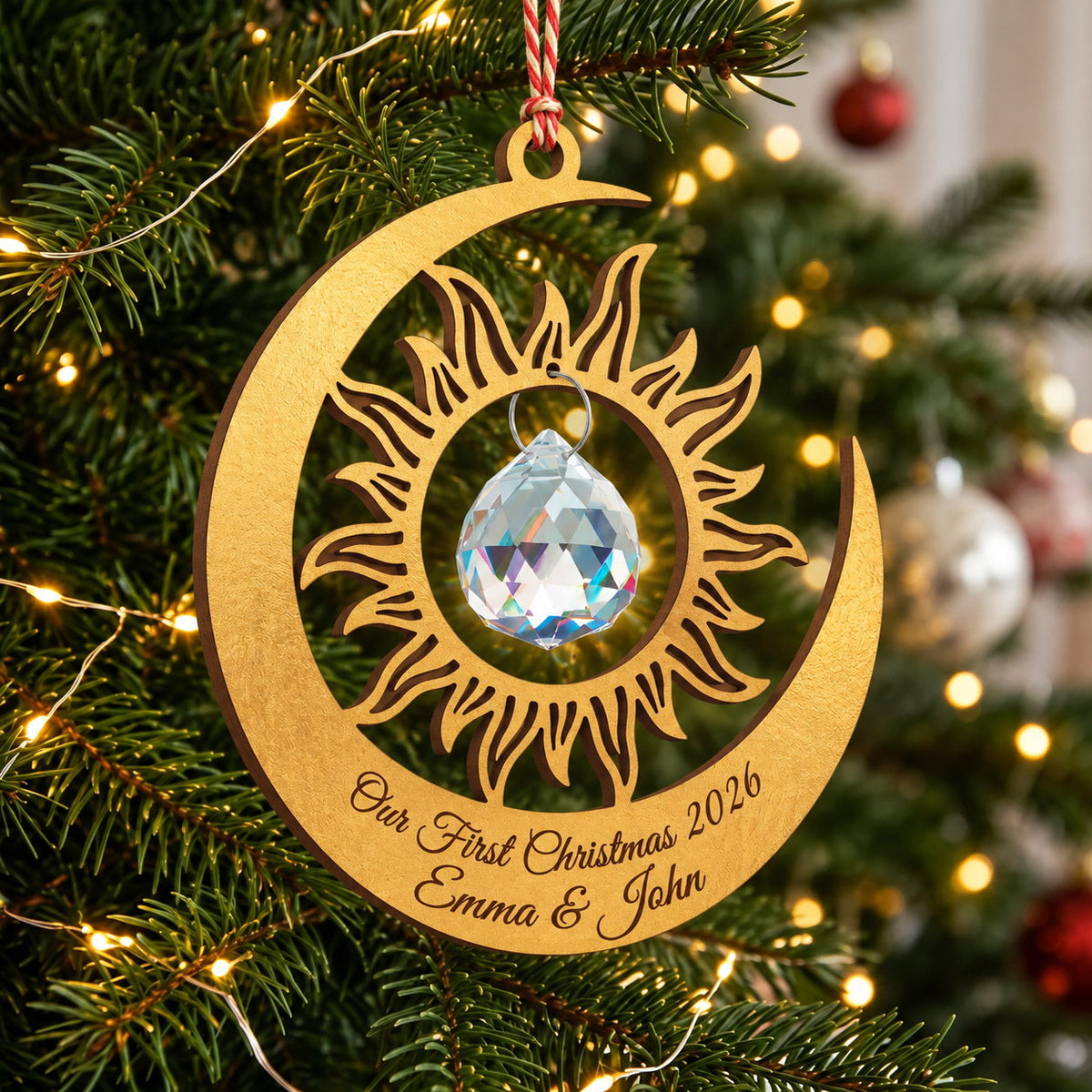 Personalized Our First Christmas Sun and Moon Crystal Wooden Ornament